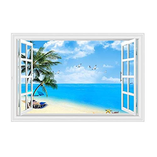 Mendom Fake Windows Wall Sticker, Removable 3D Beach Seascape Faux Windows Wall Decals for Bedroom Living Room Decoration,24'x18'