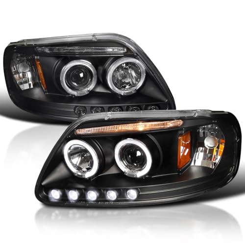 Spec-D Tuning LED Dual Halo Black Projector Headlights Compatible with 1997-2003 Ford F150, 2004 Ford F150 Heritage, 1997-2002 Ford Expedition Left + Right Pair Headlamps Assembly