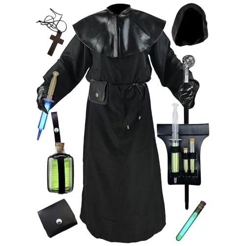 Absolute Vibe Plague Doctor Costume Cloak Robe Halloween Props Medieval Monk Priest Renaissance Cosplay (XXS) Black