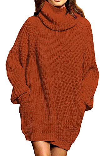 Pink Queen Women's Loose Turtleneck Oversize Long Pullover Sweater Dress Brown M