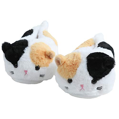 Millffy Cute New Plush Animal Winter Women's Warm Fat cat Plush Non-Slip Indoor Kitten Slipper (US 5-7, White Cat)