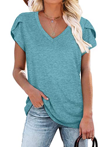 WIHOLL Womens Plain T Shirts Short Tulip Sleeve Loose Fit Summer 2024 V Neck Basic Classic Tees Grey Green XL