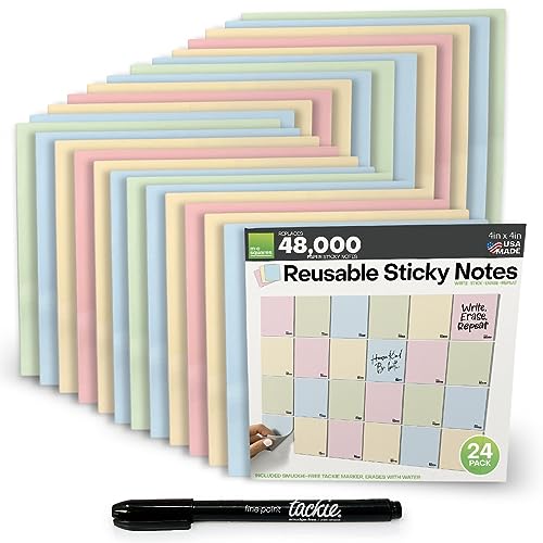M.C. Squares Reusable Sticky Notes | 4' x 4' 24 Pack of Colorful Stickies | Wet & Dry Erase Post Notes | Re-Stickable | Cling to Stainless Steel, Glass, Plastic | Includes Wet Erase Marker | USA Made
