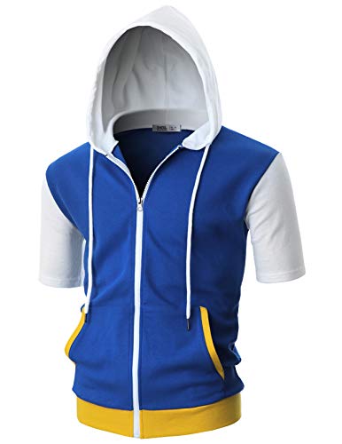 Ohoo Mens Slim Fit Short Sleeve Lightweight Zip-up Hoodie for Outfit and Character Play / DCF057-BLUE/WHITE-L