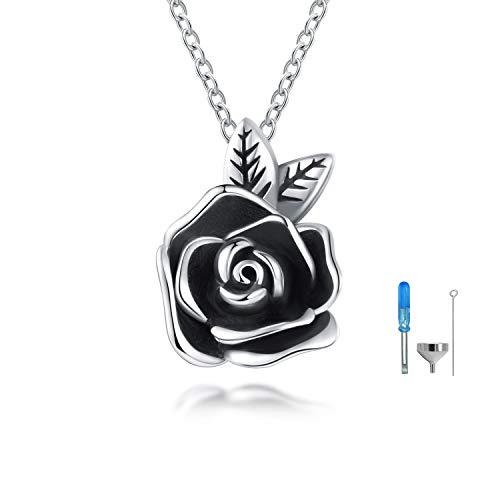 Rose Flower Urn Necklace Cremation Jewelry for Ashes S926 Sterling Silver Memorial roseflower urn Pendant Necklaces for Women(Black)
