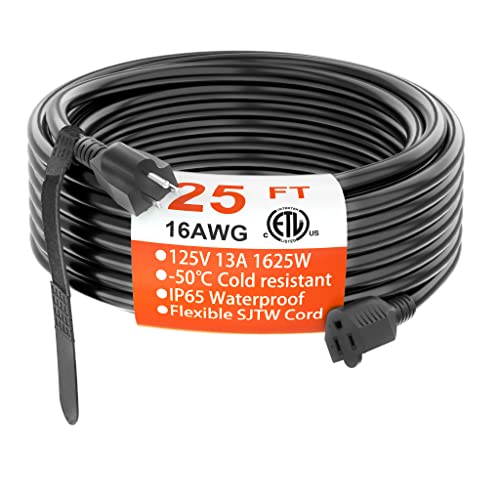 25 FT 16 Gauge Black Indoor Outdoor Extension Cord Waterproof, Flexible Cold Weather 3 Prong Electric Cord Outside, 13A 1625W 125V 16AWG SJTW, ETL Listed HUANCHAIN