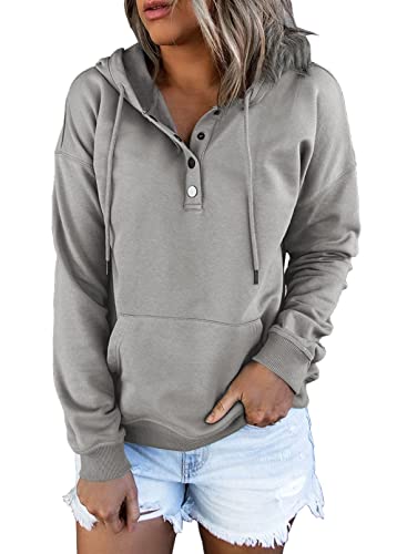 Ezymall Womens Casual Hoodies Pullover Tops Drawstring Long Sleeve Sweatshirts Fall Clothes With Pocket Grey