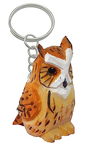 Selsela Great Horned Owl Keychain Ring Hook Clip Charm Farm Bird Miniature Wood Mini Figurine Small Animal