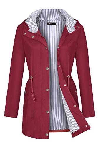Bloggerlove Womens Raincoat Hooded Waterproof Rain Jacket Lightweight Windbreaker Long Trench Coat Wine Red M