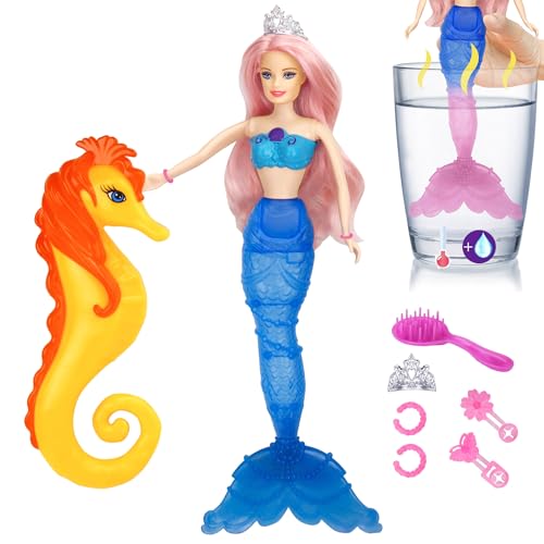 BETTINA Magic Color Changing Mermaid Doll, Princess Mermaid Toy with Seahorse & Dolls Accessories - Vibrant Pink Hair and Transforming Tail, Mermaid Gifts Toys for Girls Aged 3-7