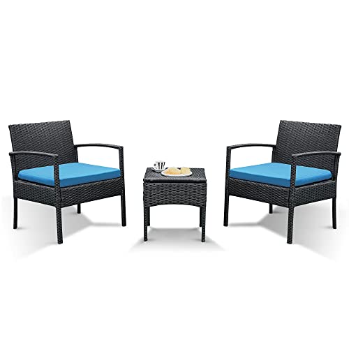 PROHIKER 3 PCS Patio Rattan Conversation Chair Set, Patio Wicker Rattan Furniture Set, Patio Wicker Rattan Table Patio Furniture Set Balcony Furniture Backyard Blue