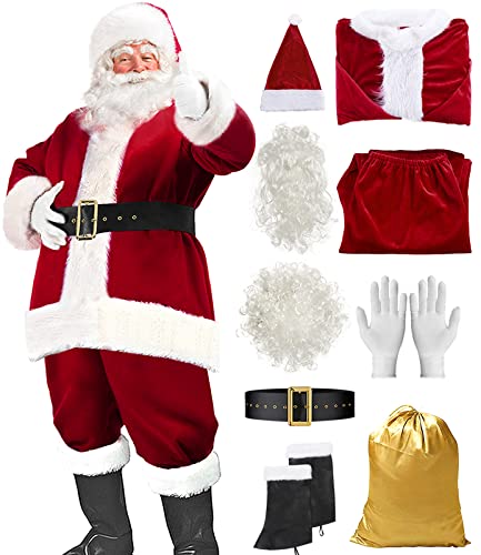 dgdgbaby Santa Suit Christmas Santa Claus Costume for Men Women Adult Costume Santa 10pc. Outfit (Maroon, Large/X-Large)