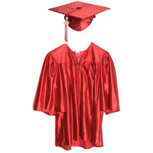 Happy Graduates Medium Red Shiny Child Graduation Cap, Gown, Tassel and 2024 Charm Set, Kindergarten Graduation Cap And Gown Set, For Kids And Preschool Graduation