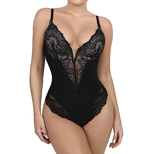 Popilush Thong Shapewear for Women Tummy Control Bodysuit Deep V Neck Low Back Body Shaper Plus Size