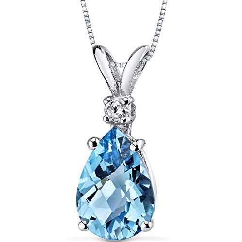 PEORA 14K White Gold Swiss Blue Topaz with Diamond Pendant for Women, Natural Gemstone Birthstone Teardrop Solitaire, 2.30 Carats total Pear Shape 10x7mm