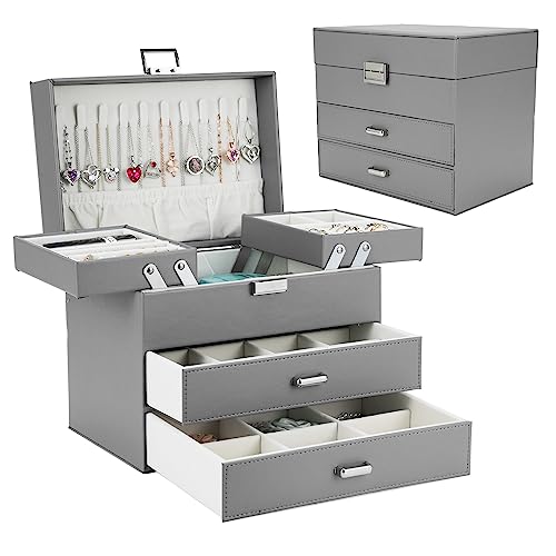 Dajasan Jewelry Holder Organizer Box, Jewelry Boxes for Women Girls, 4 Layers Large Jewelry Storage Box for Earring, Ring, Necklace, Bracelets (Grey)