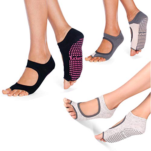 Tucketts Allegro Toeless Non-Slip Grip Socks - Anti Skid Yoga, Barre, Pilates, Home & Leisure, Pedicure - S/M - 3 pairs Black/Static/Grey-Blush