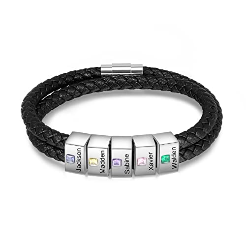 Gifts for Dad Personalized Men Black Braid 2-5 Names Bracelet Custom Made with Charm Beads Family Inspirational Jewelry Gift for Father's Day(5 Names)