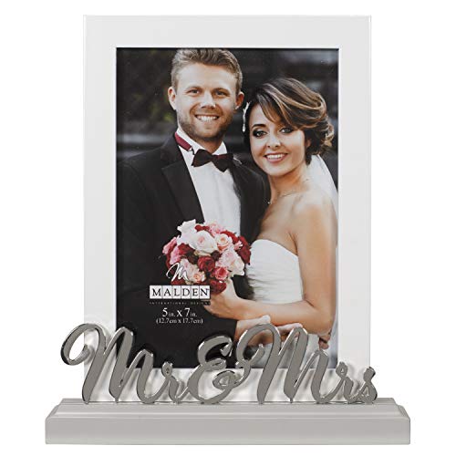Malden International Designs 5x7 Mr & Mrs Wedding Picture Frame White MDF Wood Frame Routed Gray MDF Wood Base Silver Finish Metal Word Attachment