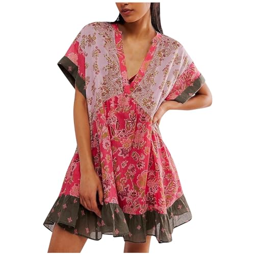 Buy Again My Orders Boho Summer Dress Casual Patchwork Floral Deep V Neck Ruffle Oversized Babydoll Sundress Y2k Hot Shot Mini Dress Ovesized Short Sleeve Beach Dresses Trendy Flowy Vacation O