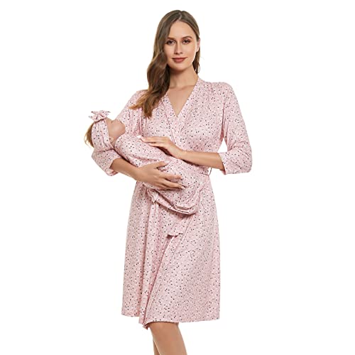 RWRWMOONPUT Mommy Robe for Maternity and Baby Swaddle Blanket,Matching Mommy Labor Delivery Robe and Receiving Blanket Set Pink Ditsy