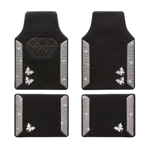 Bling Butterfly Car Floor Mats,Car Mats with Anti-Slip Heel Pad, Rhinestones car Accessories for Women,Girl,Universal Fit for Automotive,SUVS,Sedan,Vans,Set of 4 (Silver)