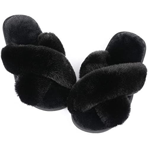 Ankis Women Black Fuzzy Fluffy Slippers Soft Cozy Plush Fuzzy Slippers Memory Foam Slipper Furry Open Toe Slippers Comfy Cross Band Slippers