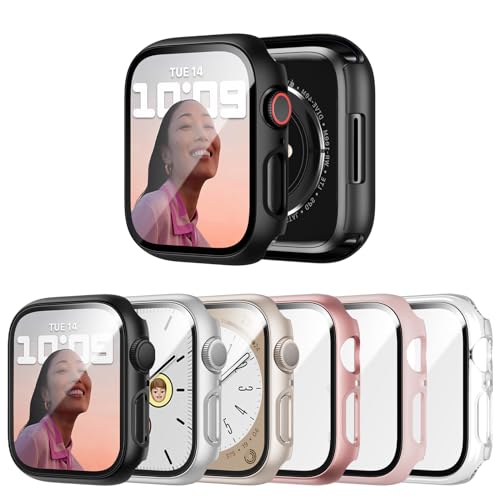 6 Pack Case with Tempered Glass Screen Protector for Apple Watch Series 9/8/7 41mm, JERXUN Ultra-Thin Scratch Resistant Full Protective Hard PC Bumper Cover for iWatch 41mm Accessories