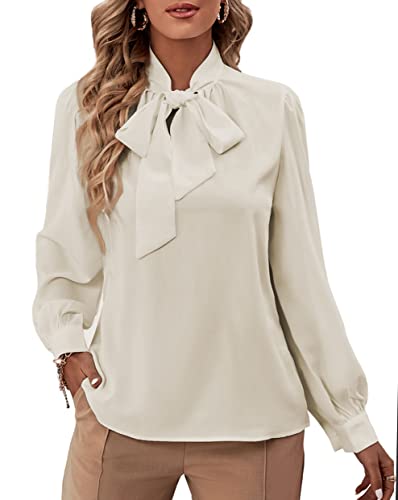 Rooscier Women's Bow Tie Neck Long Sleeve Buttton Cuff Chiffon Elegant Blouse Beige Medium