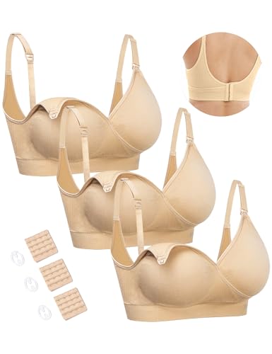 HOFISH 3 Pack Nursing Bras for Breastfeeding, Seamless Wireless V Neck Maternity Bra for Women, Pregnancy Sleep Comfortable Bralette Beige 3 Pack,M