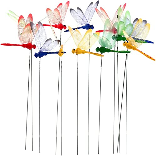 Warmshine 24 Pieces 3D Dragonfly Garden Decor Dragon Fly Garden Stakes Dragonflies Garden Ornaments Patio Decoration Dragonfly Stakes with Sticks, 4 Colors