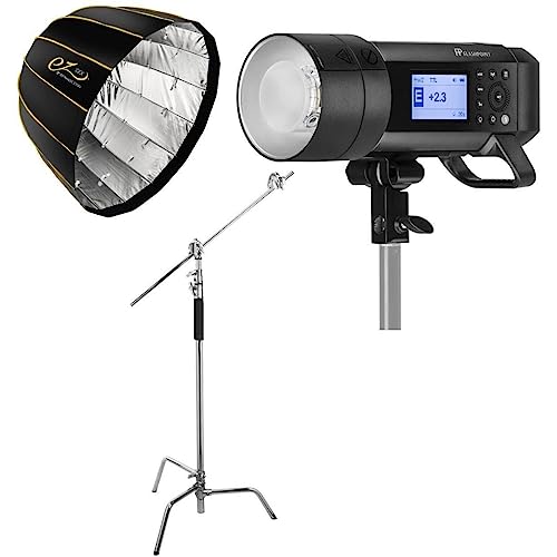 Flashpoint XPLOR 600PRO TTL Battery-Powered Monolight, Glow EZ Lock Deep Parabolic Quick Softbox 28in, Flashpoint Century Light Stand on Turtle Base Kit w/40in Grip Arm, 2 Gobo Heads, Baby Pin, Chrome