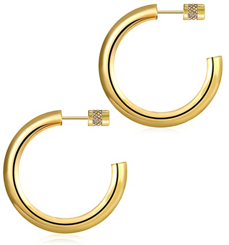 iLovey 14K Gold Hoop Earrings for Women, 25MM Lightweight Open Chunky Gold Hoops, Small Thick Chunky Hoops, Comfortable, Anti Tarnish, Hypoallergenic, Jewelry Gifts