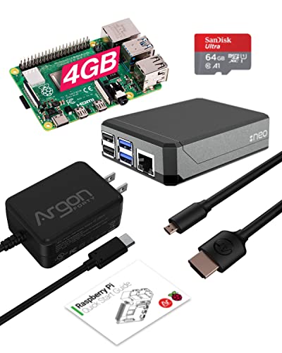 Argon NEO x Raspberry Pi 4 4GB Kit | Aluminum Case | 64 Gig SD Card | Micro HDMI to HDMI Cable | 18W Type-C Power Supply | Quick Start Guide