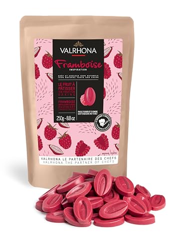 Valrhona Premium Raspberry Couverture (Feves). 100% All Natural. Made with Freeze Dried Raspberry Powder. Easy Melt. Intense Creamy Color and Flavor. Great for Sauces and Desserts. 250g (Pack of 1)
