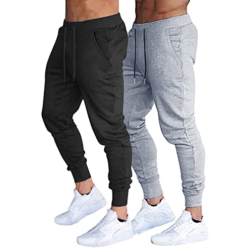 BUXKR Men's Slim Joggers Workout Pants for Gym Running and Bodybuilding Athletic Bottom Sweatpants with Deep Pockets,Black&Light Grey,S