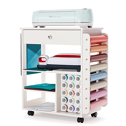 Crafit Organization and Storage Cart Compatible with Cricut Machine, CRAFIT Rolling Craft Organizer with Vinyl Roll Holder, Crafting Cabinet Table Workstation for Craft Room Home - Patent Protected