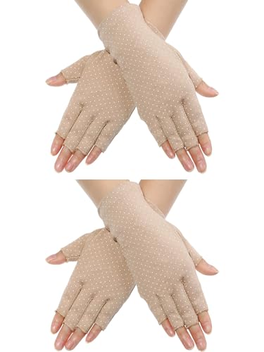 Maxdot Fingerless Gloves Non Slip UV Protection Driving Gloves Summer Outdoor Gloves for Women and Girls (Khaki,2 Pairs)
