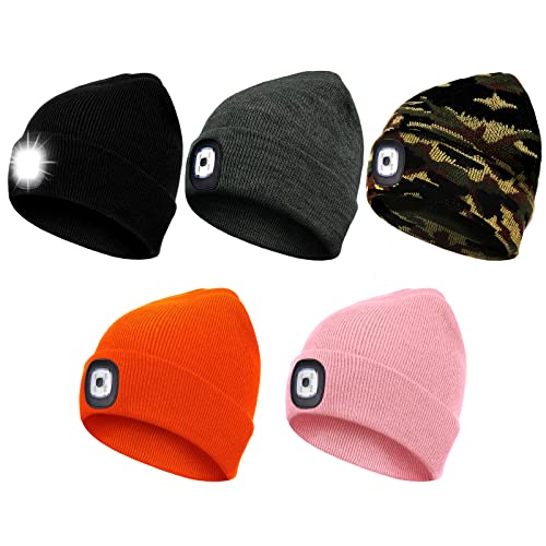 SATINIOR 5 Pieces Unisex Beanie Hat with LED Light, Rechargeable USB Winter Warm Knitted Hats for Running Hiking (Black, Gray, Camo, Orange, Pink)