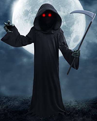AnanBros Halloween Grim Reaper Costume Kids Adult with Red Glowing Eyes and Scythe, Scary Halloween Phantom Costumes for Women Men Adults Death Costume