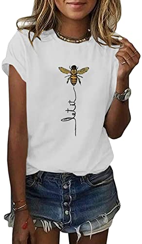 Auburet Womens Short Sleeve Let it Bee T Shirts Casual Graphic Cute Letter Printed Loose Tees Tops A-White