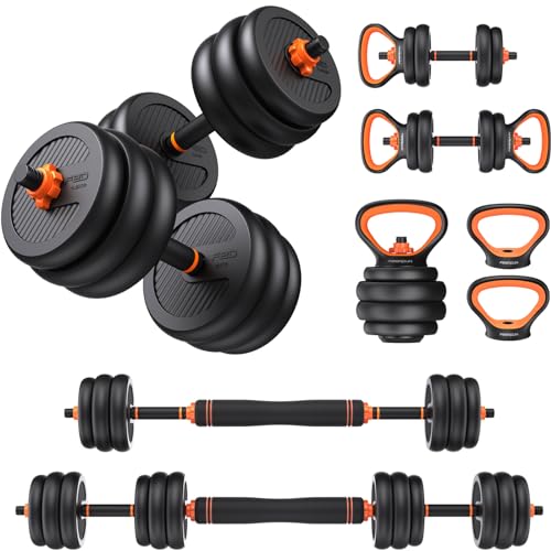 FEIERDUN Adjustable Dumbbells, 20lbs Free Weight Set with Connector, 4 in1 Dumbbells Set Used as Barbell, Kettlebells, Push up Stand, Fitness Exercises for Home Gym Suitable Men/Women