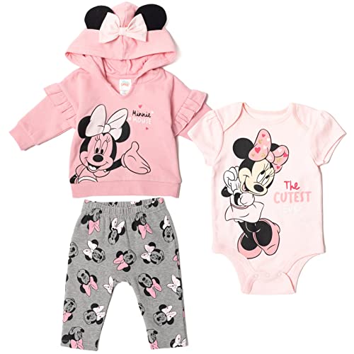 Disney Minnie Mouse Infant Baby Boys or Girls 3 Piece Outfit Set: Pants Bodysuit Hoodie Grey/Pink 18 Months