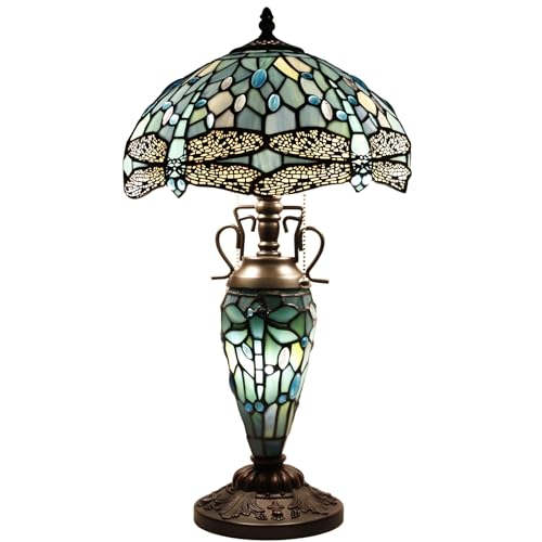 WERFACTORY Tiffany Table Lamp Sea Blue Stained Glass Dragonfly Style 12X12X22 Inches Mother-Daughter Vase Desk Reading Light Decor Bedroom Living Room Home Office S147 Series