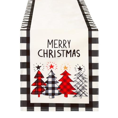Fixwal Christmas Tree Table Runner Black White Buffalo Plaid , 13x72in Merry Christmas Seasonal Winter Xmas Holiday Decoration for Dining Table Kitchen Indoor Outdoor Home Party