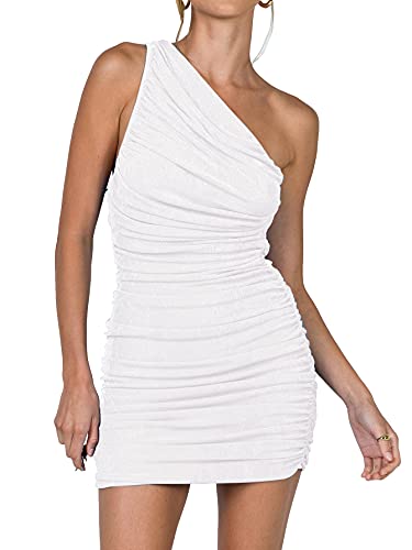 LYANER Women's Sexy One Shoulder Ruched Sleeveless Bodycon Mini Short Dress White Small