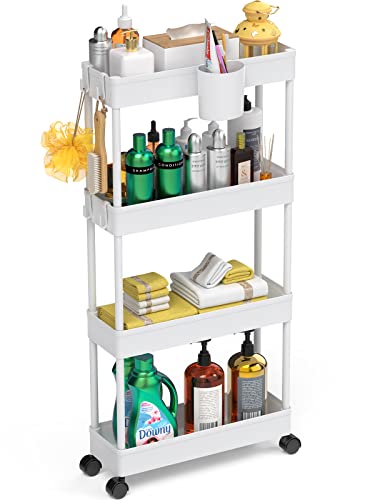 LEHOM 5.1' Slim Storage Cart - 4 Tiers Bathroom Organizer Mobile Shelving Unit Storage Rolling Utility Cart Slide Out Organizer for Kitchen Bathroom Laundry Narrow Places, White
