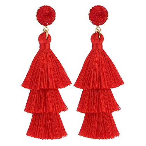 LEGITTA Red Tassel Earrings with Druzy Stud Layered Tiered Linear Drop Dangle Fashion Bohemian Earrings for Women Girls
