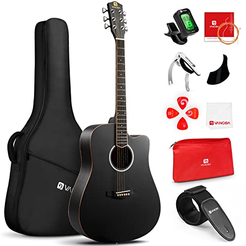 Vangoa Black Acoustic Guitar for Beginner Adult Teen Full Size Cutaway Acoustic Guitar Starter Kit 41 Inch Acustica Guitarra Starter Set