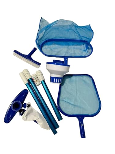 FibroPool Above Ground Swimming Pool Maintenance Kit - Telescoping Pole, Leaf Rake, Vacuum, Brush, Floating Chlorinator, Leaf Net and Test Strips